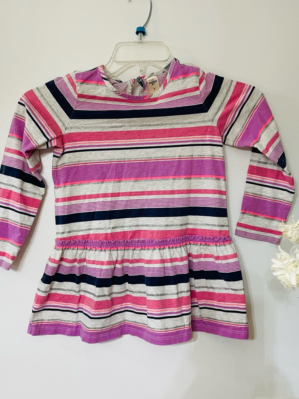 OshKosh B'gosh Pink Purple Navy Striped Long Sleeve Peplum Top